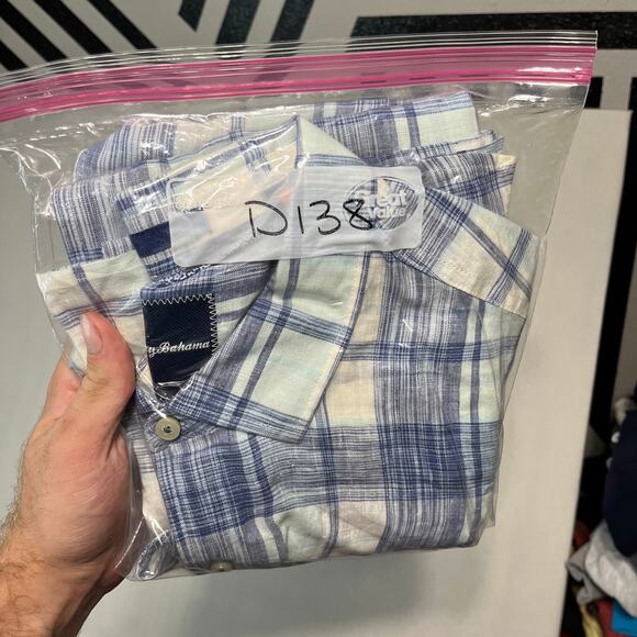 Tommy Bahama Men's Big & Tall Blue Plaid Short Sleeve Linen Button-Down Shirt - Picture 7 of 7
